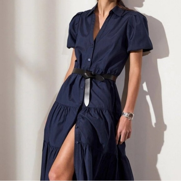BROCHU WALKER Havana Navy Blue Tiered Puff Sleeve Vneck Midi Dress Women's SZ M